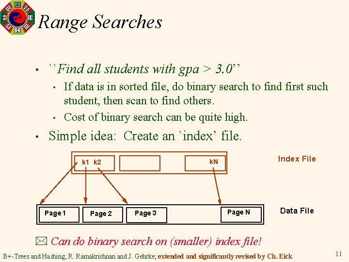 Range Searches • ``Find all students with gpa > 3. 0’’ • • •