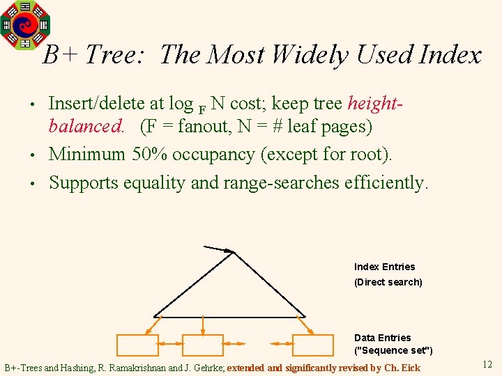 B+ Tree: The Most Widely Used Index • • • Insert/delete at log F