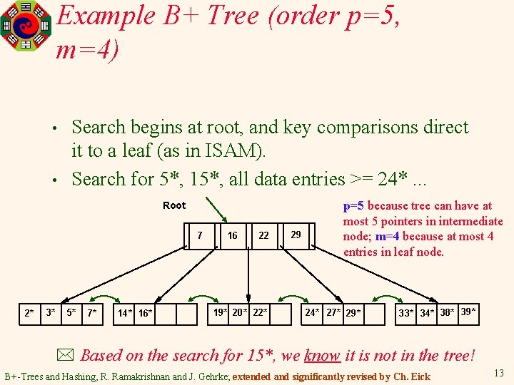 Example B+ Tree (order p=5, m=4) • • Search begins at root, and key