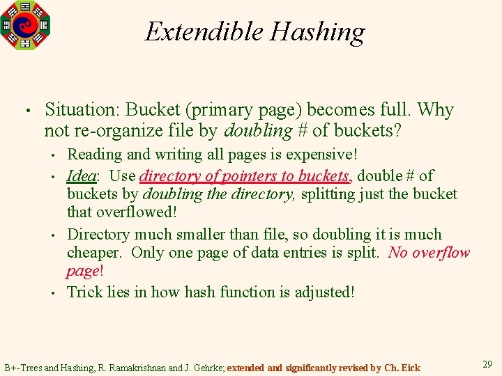 Extendible Hashing • Situation: Bucket (primary page) becomes full. Why not re-organize file by