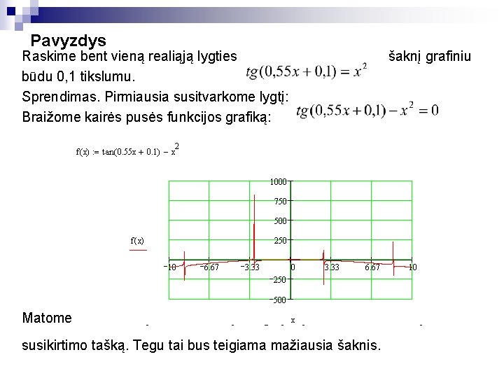 Pavyzdys Raskime bent vieną realiąją lygties būdu 0, 1 tikslumu. Sprendimas. Pirmiausia susitvarkome lygtį: