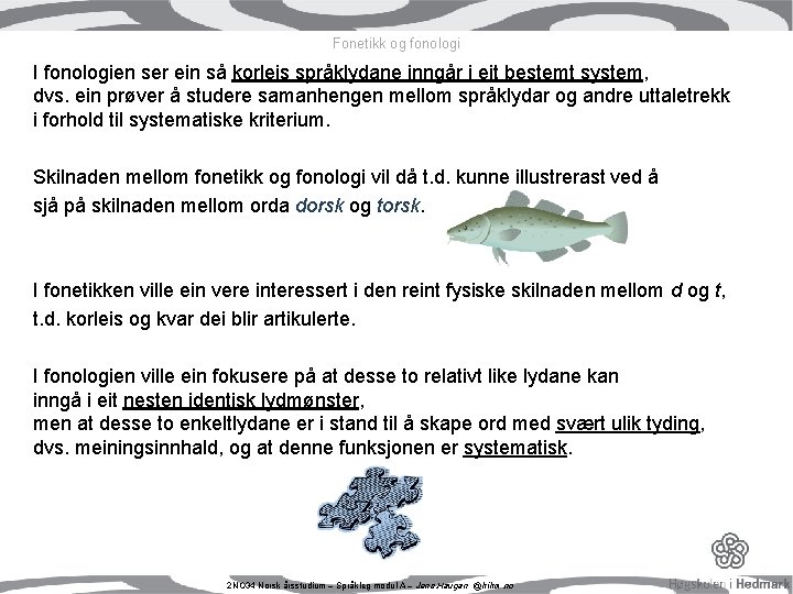Fonetikk og fonologi I fonologien ser ein så korleis språklydane inngår i eit bestemt Fonetikk og fonologi I fonologien ser ein så korleis språklydane inngår i eit bestemt