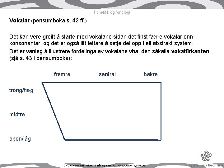 Fonetikk og fonologi Vokalar (pensumboka s. 42 ff. ) Det kan vere greitt å Fonetikk og fonologi Vokalar (pensumboka s. 42 ff. ) Det kan vere greitt å