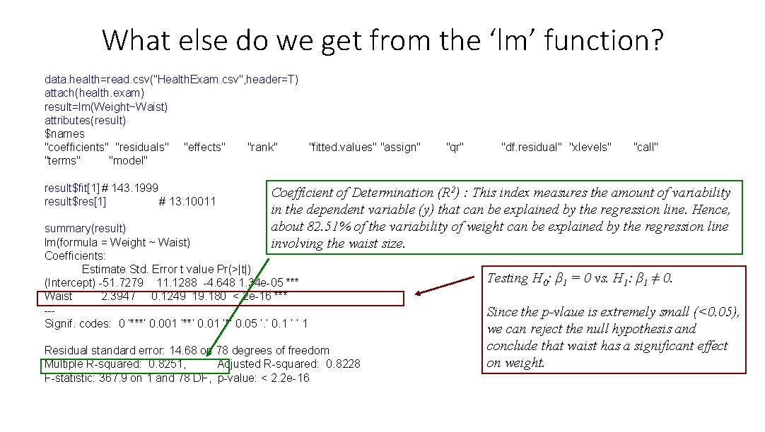 What else do we get from the ‘lm’ function? data. health=read. csv("Health. Exam. csv",
