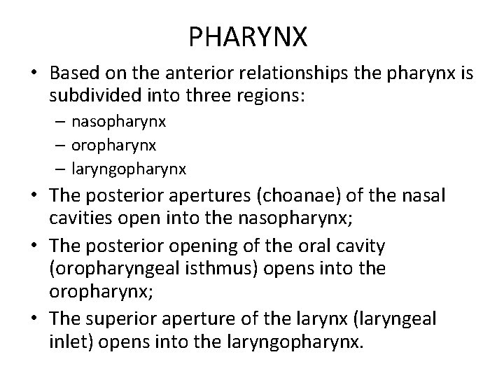 PHARYNX • Based on the anterior relationships the pharynx is subdivided into three regions: