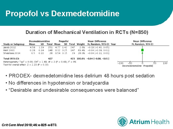 Propofol vs Dexmedetomidine Duration of Mechanical Ventilation in RCTs (N=850) • PRODEX- dexmedetomidine less