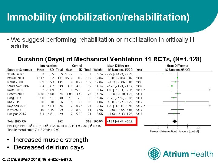 Immobility (mobilization/rehabilitation) • We suggest performing rehabilitation or mobilization in critically ill adults Duration