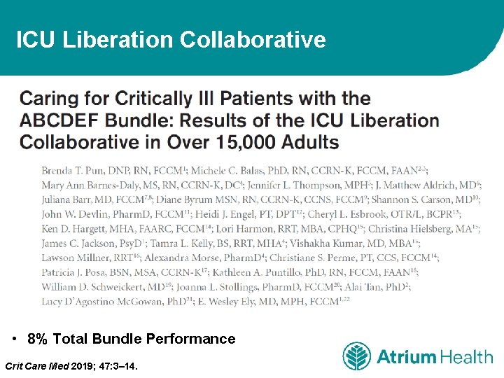 ICU Liberation Collaborative • 8% Total Bundle Performance Crit Care Med 2019; 47: 3–