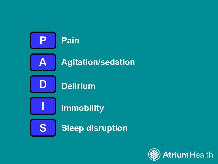 P Pain A Agitation/sedation D Delirium I Immobility S Sleep disruption 