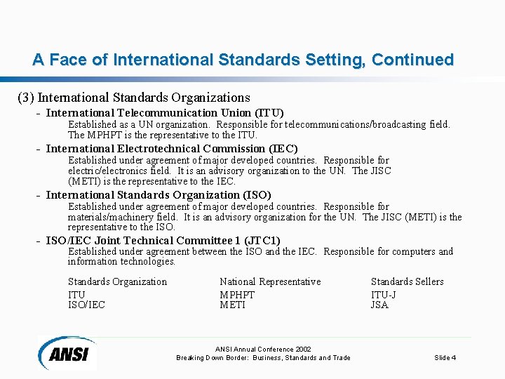 A Face of International Standards Setting, Continued (3) International Standards Organizations - International Telecommunication