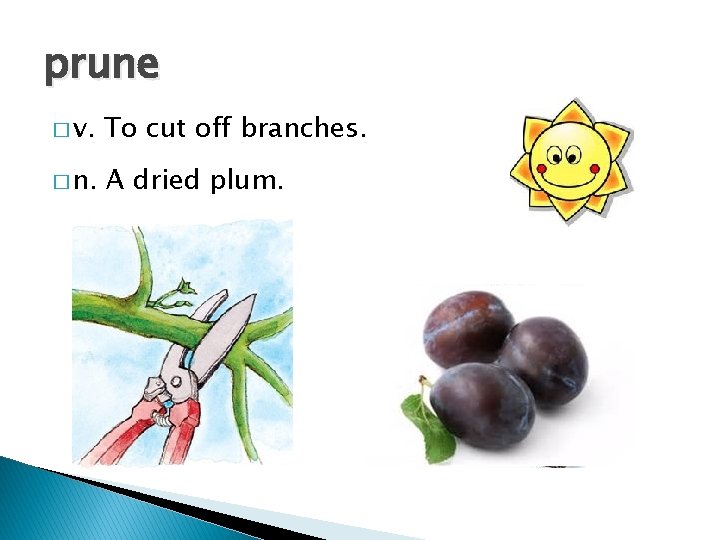 prune � v. To cut off branches. � n. A dried plum. 