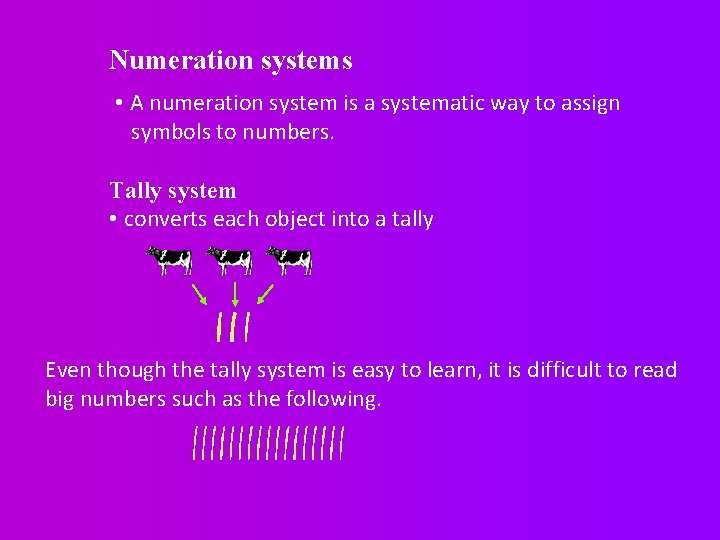 Numeration systems • A numeration system is a systematic way to assign symbols to