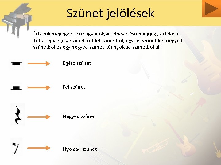 Szünet jelölések Értékük megegyezik az ugyanolyan elnevezésű hangjegy értékével. Tehát egy egész szünet két