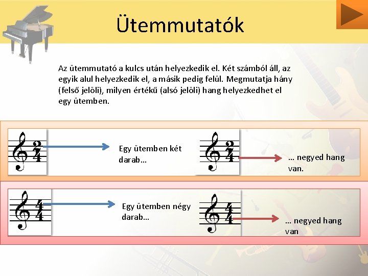 Ütemmutatók Az ütemmutató a kulcs után helyezkedik el. Két számból áll, az egyik alul