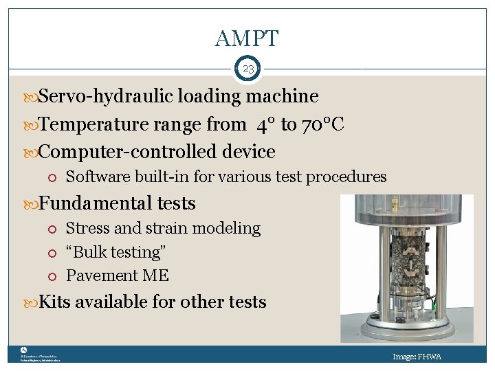 AMPT 23 Servo-hydraulic loading machine Temperature range from 4° to 70°C Computer-controlled device Software