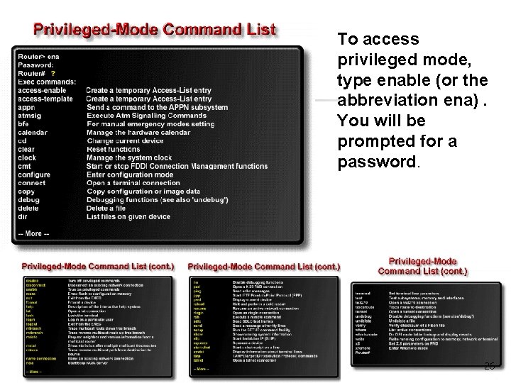 To access privileged mode, type enable (or the abbreviation ena). You will be prompted