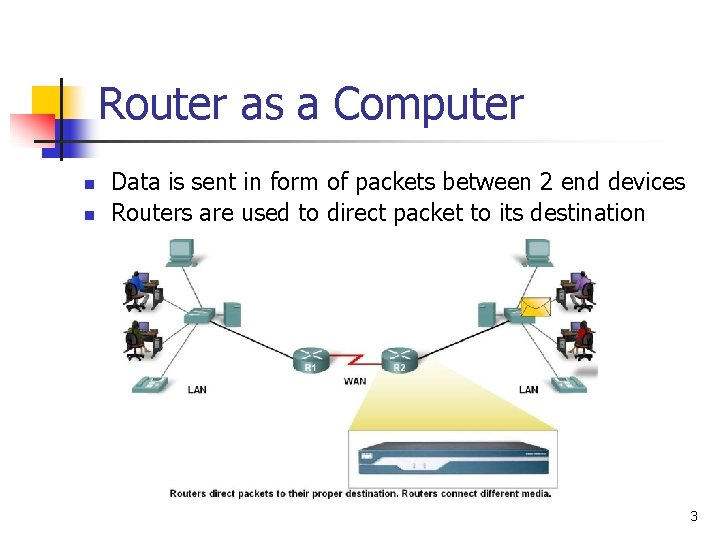 Router as a Computer n n Data is sent in form of packets between