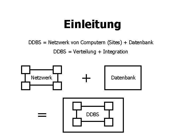 Einleitung DDBS = Netzwerk von Computern (Sites) + Datenbank DDBS = Verteilung + Integration