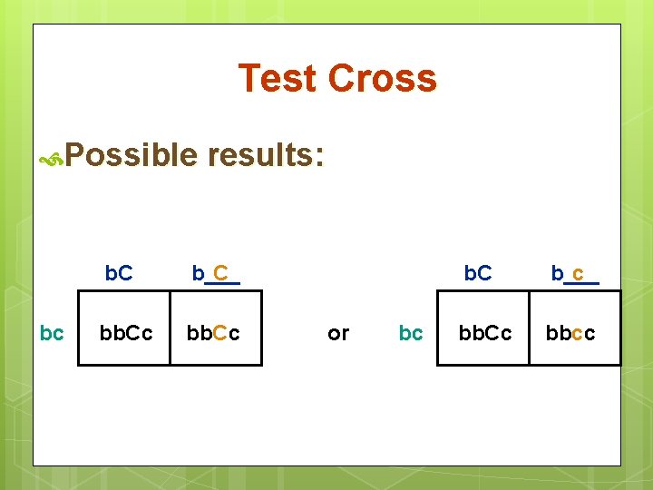 Test Cross Possible bc results: b. C b___ C bb. Cc or bc b.