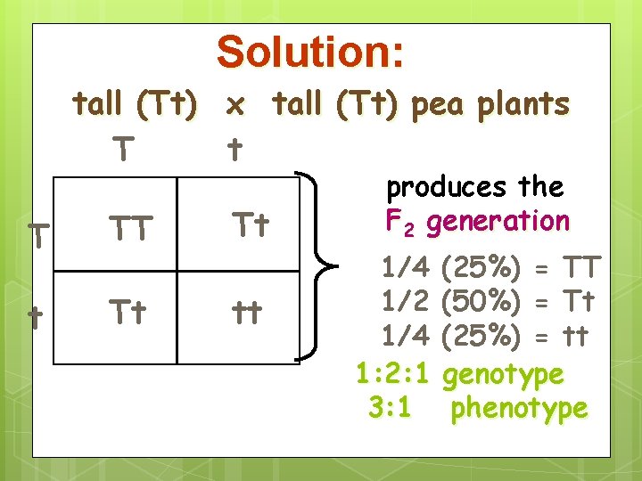 Solution: tall (Tt) x tall (Tt) pea plants T t T TT Tt tt