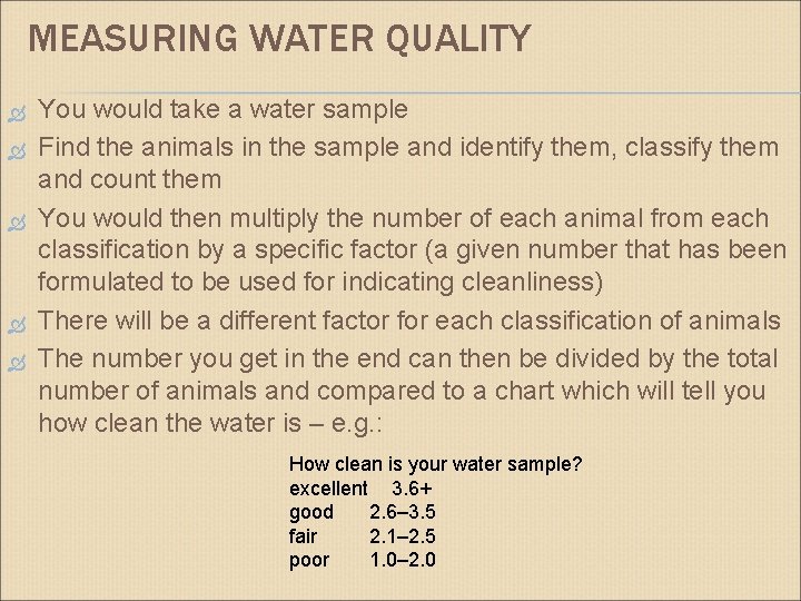 MEASURING WATER QUALITY You would take a water sample Find the animals in the