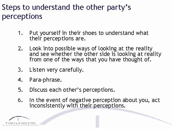 Steps to understand the other party’s perceptions 1. Put yourself in their shoes to