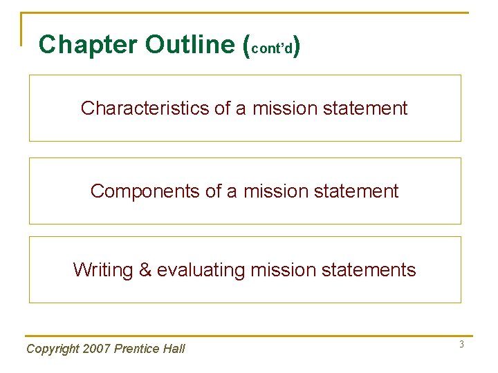 Chapter Outline (cont’d) Characteristics of a mission statement Components of a mission statement Writing