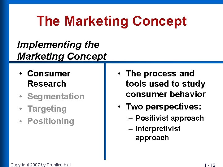 The Marketing Concept Implementing the Marketing Concept • Consumer Research • Segmentation • Targeting