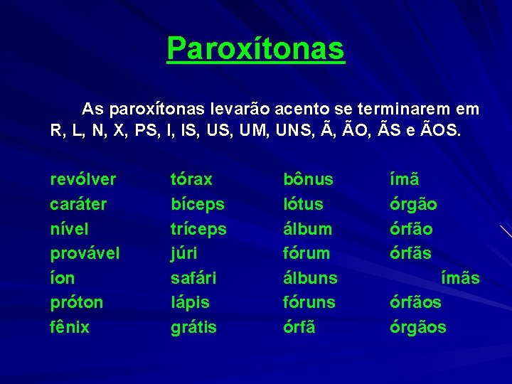 Paroxítonas As paroxítonas levarão acento se terminarem em R, L, N, X, PS, I,