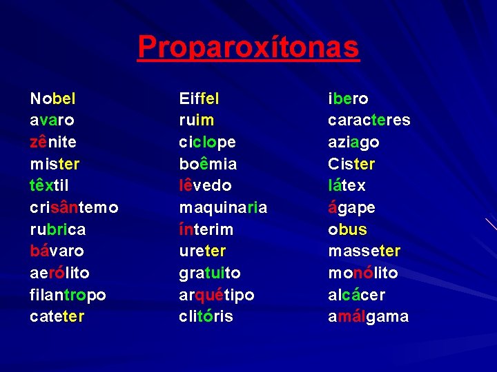 Proparoxítonas Nobel avaro zênite mister têxtil crisântemo rubrica bávaro aerólito filantropo cateter Eiffel ruim