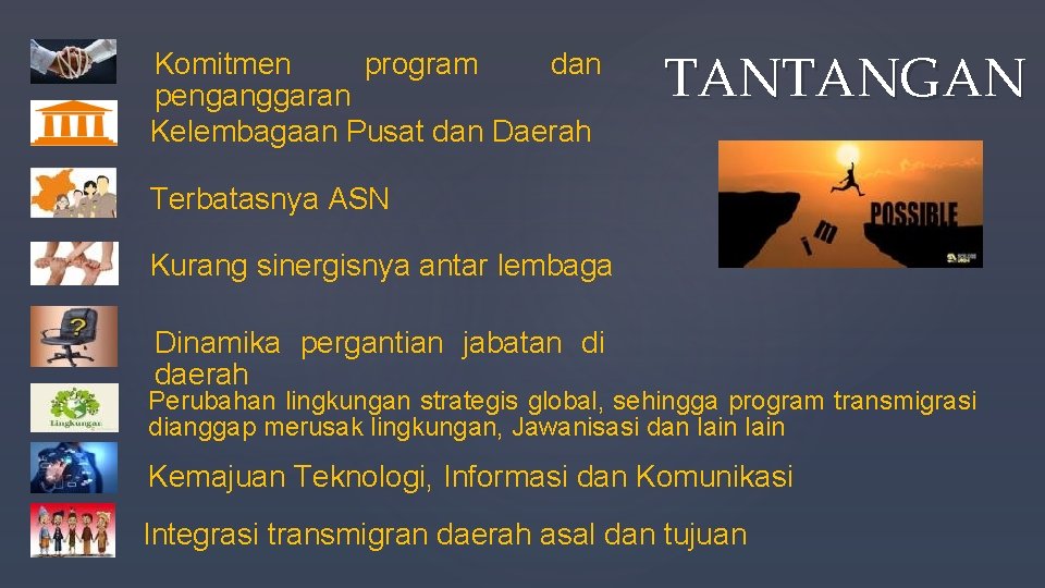 Komitmen program dan penganggaran Kelembagaan Pusat dan Daerah TANTANGAN Terbatasnya ASN Kurang sinergisnya antar