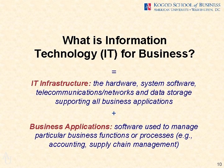 What is Information Technology (IT) for Business? = IT Infrastructure: the hardware, system software,