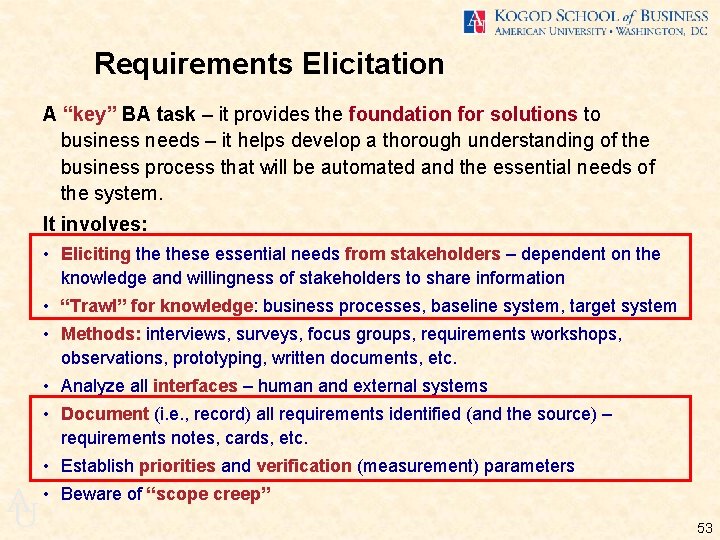 Requirements Elicitation A “key” BA task – it provides the foundation for solutions to