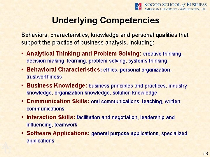 Underlying Competencies Behaviors, characteristics, knowledge and personal qualities that support the practice of business