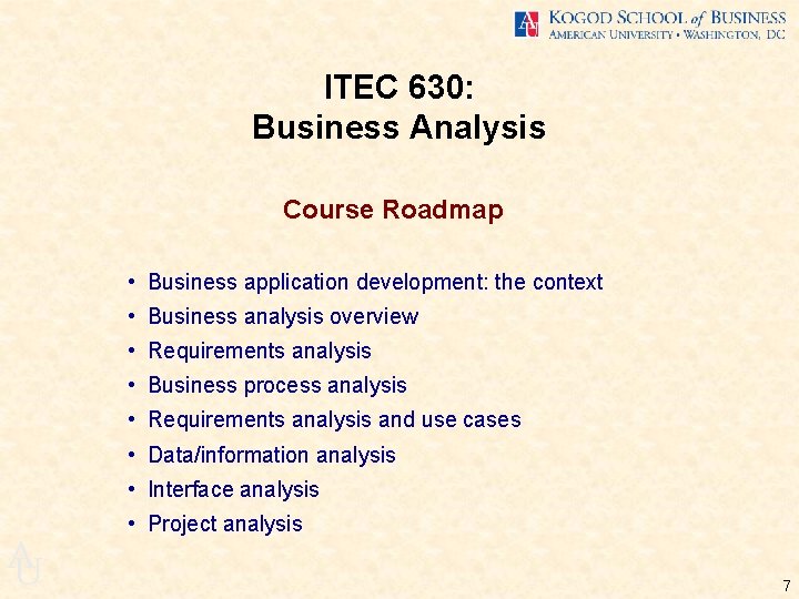 ITEC 630: Business Analysis Course Roadmap • Business application development: the context • Business