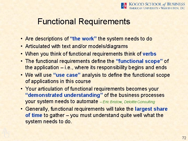 Functional Requirements • • Are descriptions of “the work” the system needs to do