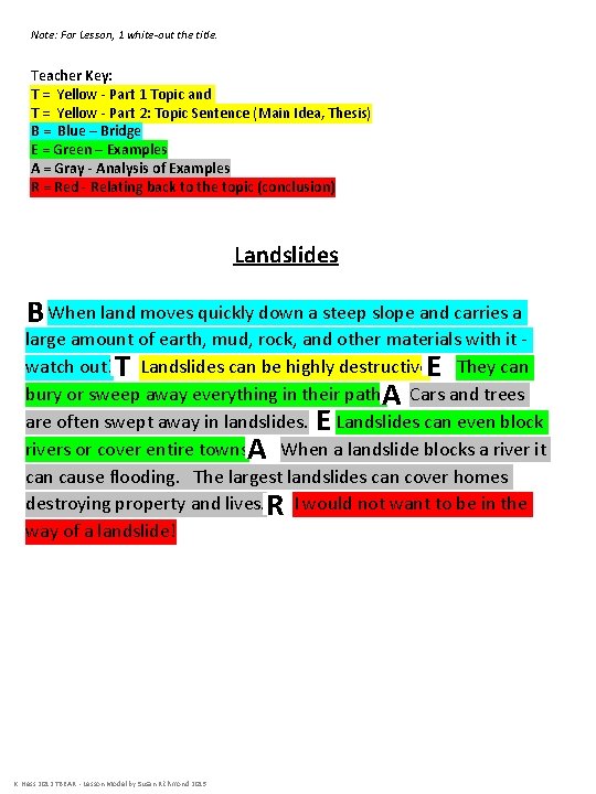 Note: For Lesson, 1 white-out the title. Teacher Key: T = Yellow - Part Note: For Lesson, 1 white-out the title. Teacher Key: T = Yellow - Part