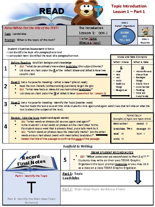 T READ Note: White-Out the title of the TEXT! Topic Introduction Lesson 1 – T READ Note: White-Out the title of the TEXT! Topic Introduction Lesson 1 –