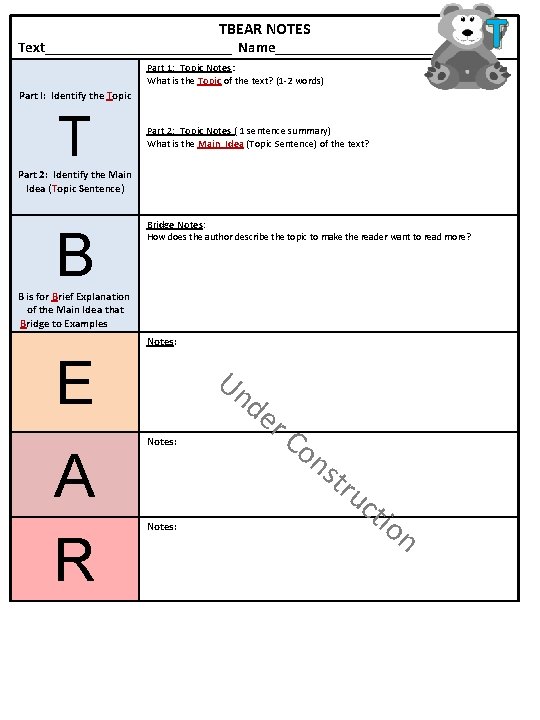 TBEAR NOTES Text_____________ Name___________ Part 1: Topic Notes: What is the Topic of the TBEAR NOTES Text_____________ Name___________ Part 1: Topic Notes: What is the Topic of the
