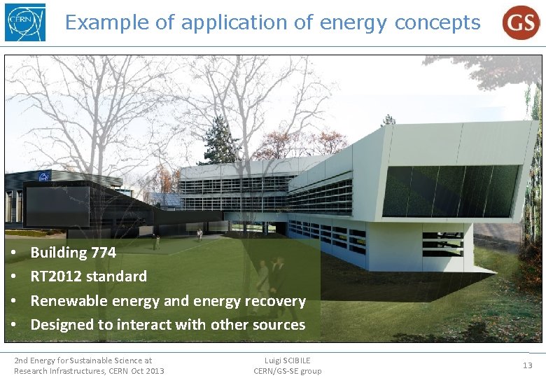 Example of application of energy concepts • • Building 774 RT 2012 standard Renewable