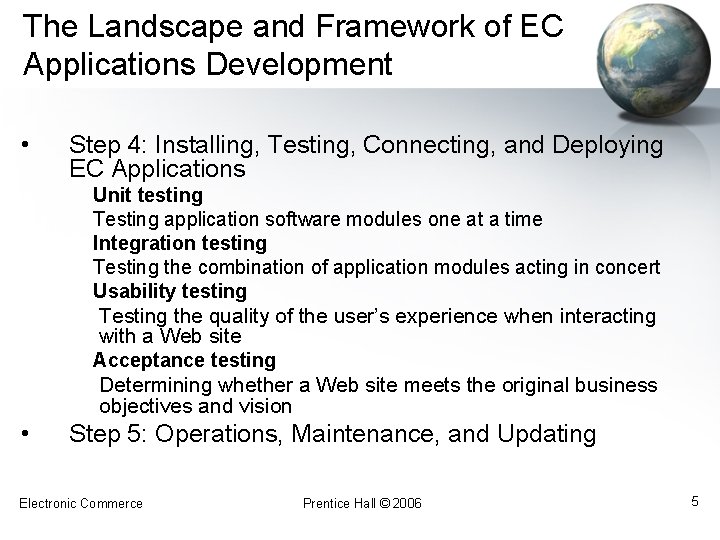 The Landscape and Framework of EC Applications Development • Step 4: Installing, Testing, Connecting,