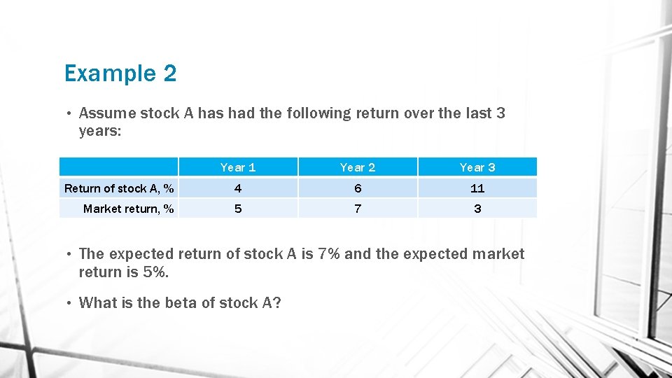 Example 2 • Assume stock A has had the following return over the last