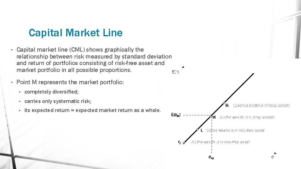 Capital Market Line • Capital market line (CML) shows graphically the relationship between risk