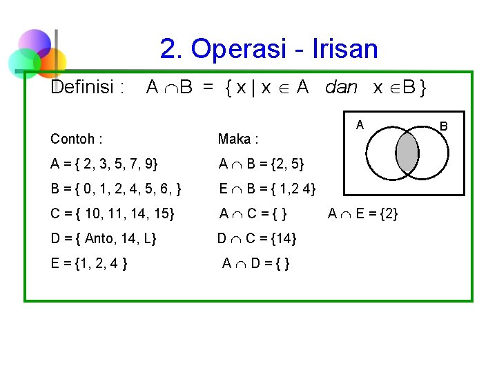 2. Operasi - Irisan Definisi : A B = { x | x A