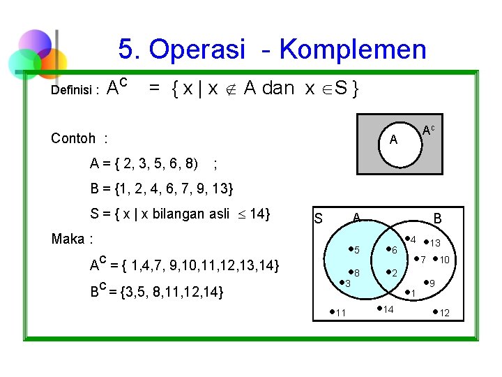 5. Operasi - Komplemen Definisi : Ac = { x | x A dan