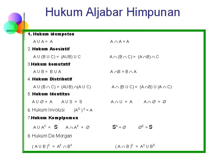 Hukum Aljabar Himpunan 1. Hukum idempoten A A=A AUA= A 2. Hukum Asosiatif A