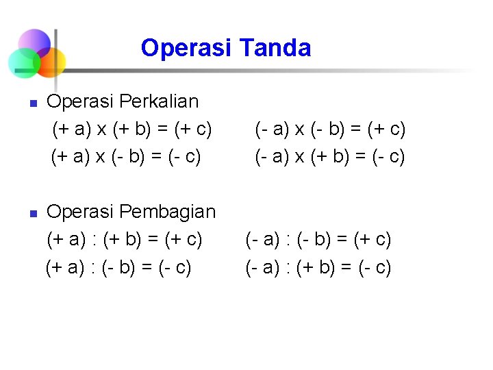 Operasi Tanda n n Operasi Perkalian (+ a) x (+ b) = (+ c)