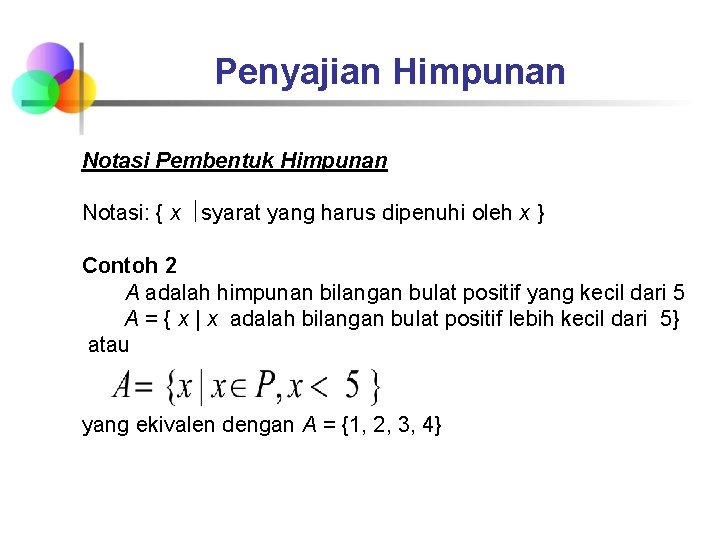 Penyajian Himpunan Notasi Pembentuk Himpunan Notasi: { x syarat yang harus dipenuhi oleh x