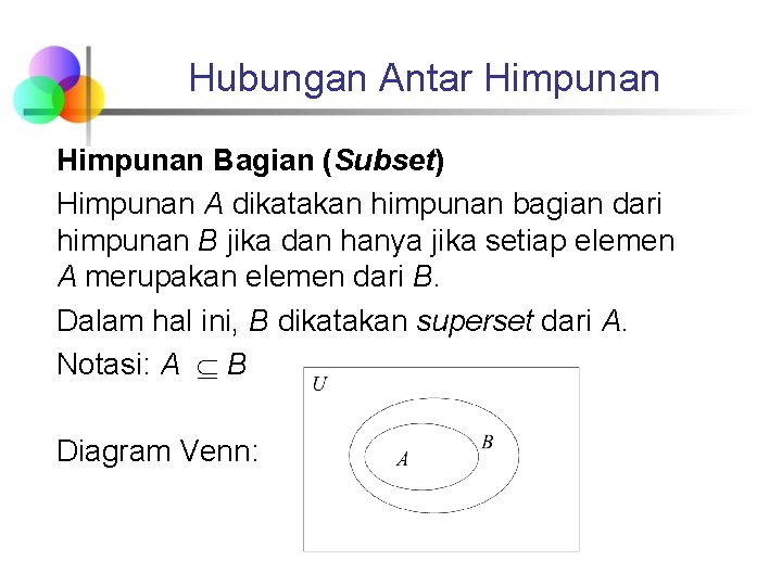 Hubungan Antar Himpunan Bagian (Subset) Himpunan A dikatakan himpunan bagian dari himpunan B jika