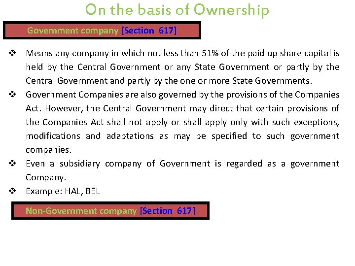 On the basis of Ownership Government company [Section 617] v Means any company in
